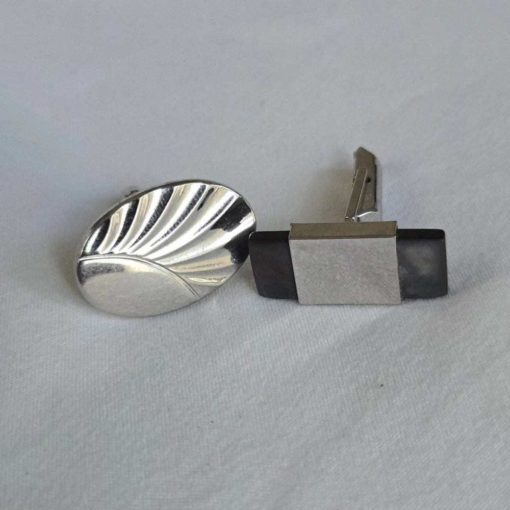 VTG Cufflinks Mismatched Eclectic Unique Formal Men's Silver Black Set Unbranded